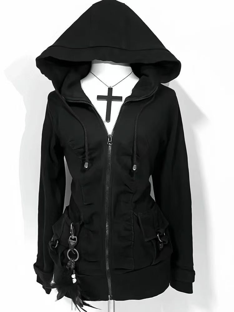 Street Fashion Zip Up Hoodie - Czarna modna bluza damska z kapturem